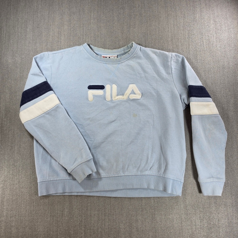 Fila Sweatshirt Womens XL Light Blue Embroidered Logo Crewneck Striped Sleeve